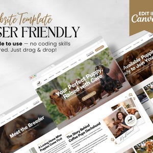 Puede incluir: Un dise&ntilde;o de plantilla de sitio web con cachorros de perro salchicha. El dise&ntilde;o incluye el texto "Website Template User Friendly" y "Edit in Canva". El sitio web muestra im&aacute;genes de cachorros e informaci&oacute;n sobre el criador.