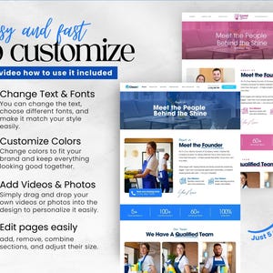 Op de afbeelding: Een digitale marketingtemplate met de tekst "Eenvoudig en snel aan te passen". Functies zijn onder meer het wijzigen van tekst en lettertypen, het aanpassen van kleuren, het toevoegen van video's en foto's en het bewerken van pagina's. Website-mockups.