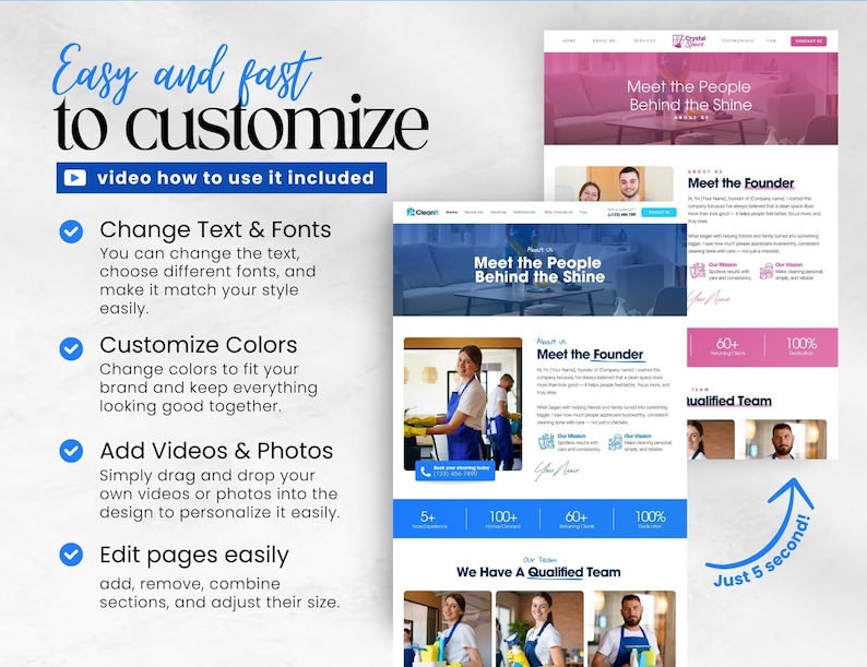 Op de afbeelding: Een digitale marketingtemplate met de tekst "Eenvoudig en snel aan te passen". Functies zijn onder meer het wijzigen van tekst en lettertypen, het aanpassen van kleuren, het toevoegen van video's en foto's en het bewerken van pagina's. Website-mockups.