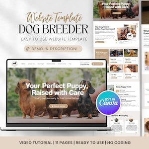 May include: A website template for a dog breeder is shown on a laptop screen, featuring dachshunds. The design includes sections for puppies, testimonials, and a "demo in description" callout. Text includes "Your Perfect Puppy, Raised with Care."