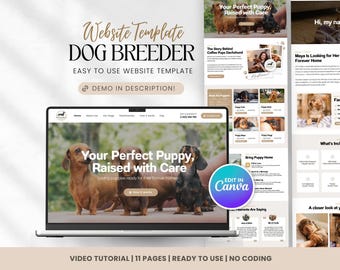 May include: A laptop screen displays a website template for a dog breeder, featuring dachshunds. The website design includes sections for puppies, testimonials, and a "demo in description" callout. Text includes "Your Perfect Puppy, Raised with Care."