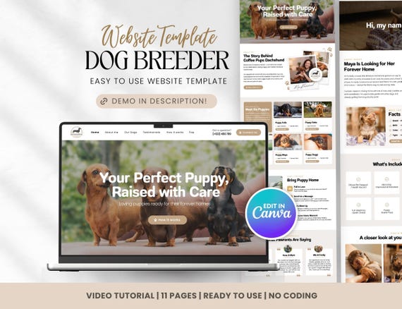 Dog Breeder Website Template: Puppy Adoption Canva Site (11 Pages)
