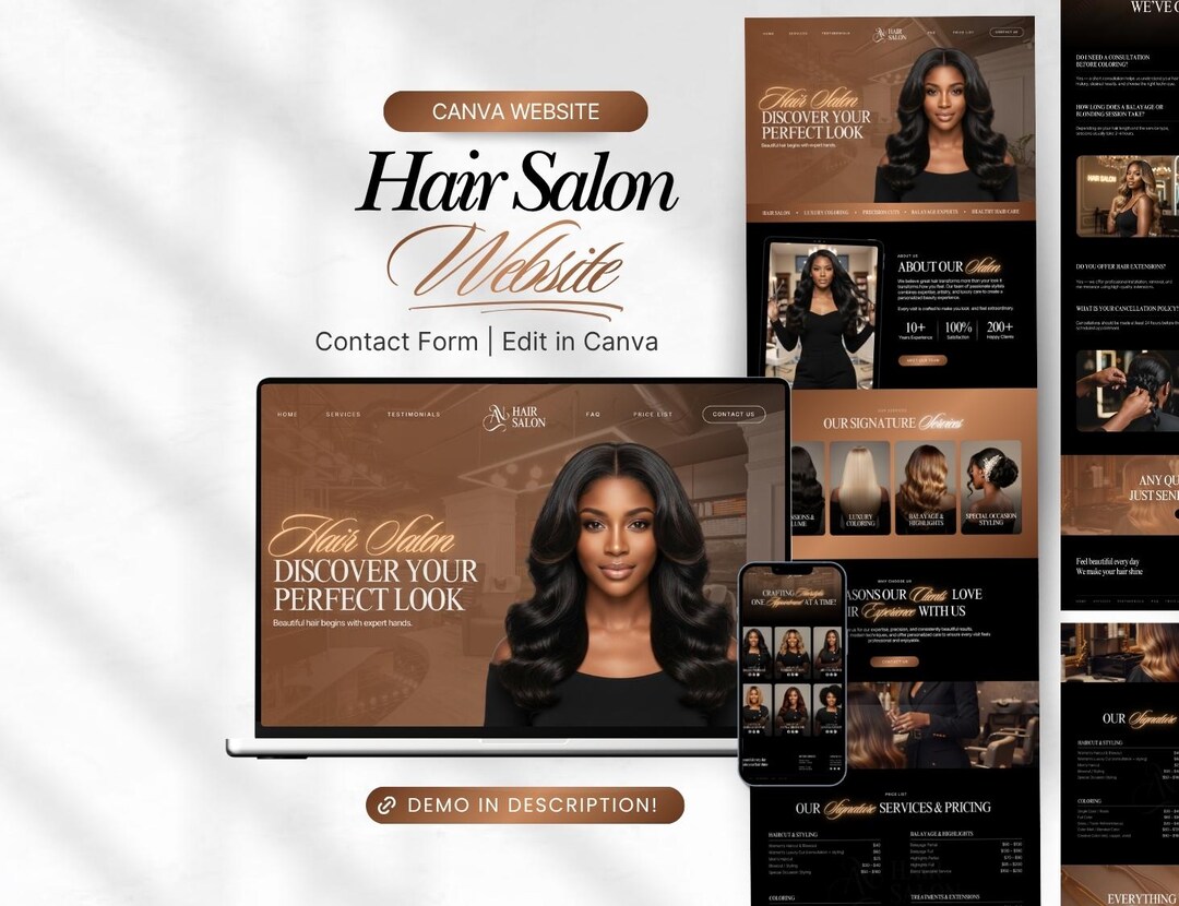 Hair Salon Website Template, Canva Template, Luxury Hair Design, Hair