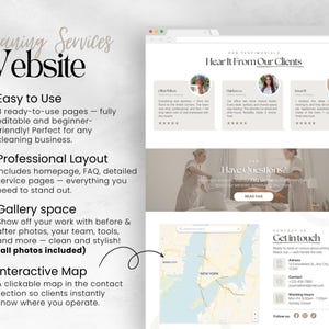 May include: A website template for cleaning services, with a modern and user-friendly design. It showcases testimonials, FAQs, and an interactive map. The text includes "Cleaning Services Website" and "Easy to Use", with a focus on ease of use.