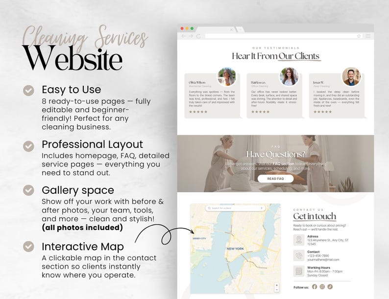 May include: A website template for cleaning services, with a modern and user-friendly design. It showcases testimonials, FAQs, and an interactive map. The text includes "Cleaning Services Website" and "Easy to Use", with a focus on ease of use.