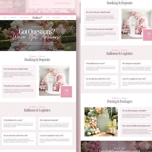 May include: A website layout with a pink and white color scheme. The page features sections on booking, balloons, and pricing, with text like "Got Questions? We've Got Answers!" and "Booking & Deposits."