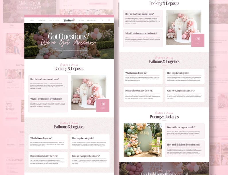 May include: A website layout with a pink and white color scheme. The page features sections on booking, balloons, and pricing, with text like "Got Questions? We've Got Answers!" and "Booking & Deposits."