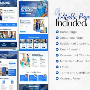 May include: A digital marketing template for cleaning services, featuring a blue and white design. The image showcases several editable pages, including a home page, about page, and residential cleaning section. Text includes "Professional Cleaning Services You Can Trust!"