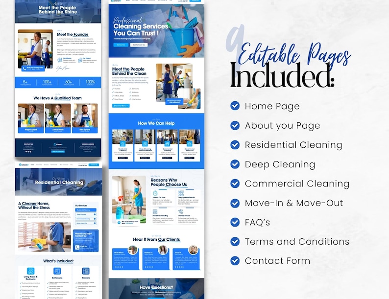 May include: A digital marketing template for cleaning services, featuring a blue and white design. The image showcases several editable pages, including a home page, about page, and residential cleaning section. Text includes "Professional Cleaning Services You Can Trust!"