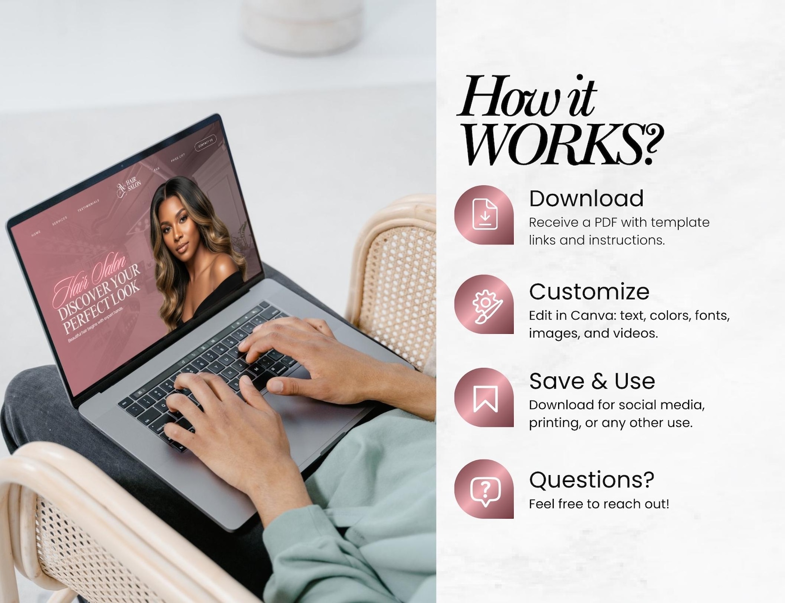 Hair Salon Website Template, Canva Template, Luxury Hair Design, Hair