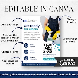 Puede incluir: Plantilla de folleto de servicio de limpieza editable en Canva. El folleto presenta a una persona de limpieza con guantes amarillos, un c&oacute;digo QR y el texto "Get ready for clean".