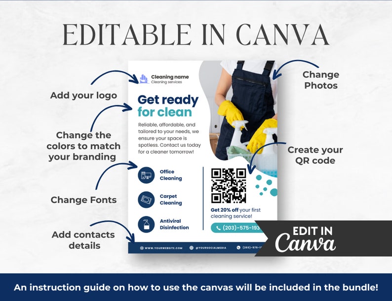Puede incluir: Plantilla de folleto de servicio de limpieza editable en Canva. El folleto presenta a una persona de limpieza con guantes amarillos, un c&oacute;digo QR y el texto "Get ready for clean".