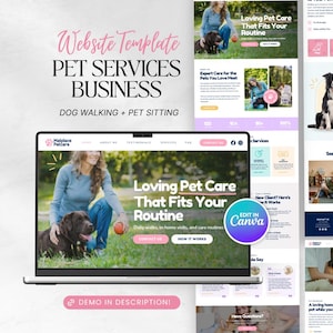 Puede incluir: Una plantilla de sitio web para un negocio de servicios para mascotas, con un portátil que muestra un sitio web de cuidado de mascotas. El diseño incluye secciones para pasear perros, cuidar mascotas y cuidado de mascotas. Editable en Canva.