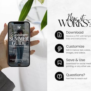 K&ouml;nnte beinhalten: Ein Smartphone zeigt einen Reisef&uuml;hrer mit dem Titel &bdquo;European Summer Guide&ldquo;. Der Reisef&uuml;hrer zeigt eine Person mit einem Koffer. Das Bild enth&auml;lt auch den Text &bdquo;Now it Works?&ldquo; mit Anweisungen zum Herunterladen, Anpassen und Speichern des Reisef&uuml;hrers.