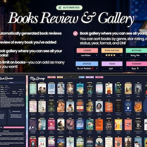 Peut inclure: Une interface num&eacute;rique de gestion de biblioth&egrave;que et de critiques litt&eacute;raires affich&eacute;e sur un &eacute;cran. La mise en page pr&eacute;sente une section d&eacute;taill&eacute;e de critiques de livres &agrave; gauche et une galerie compl&egrave;te de couvertures &agrave; droite.