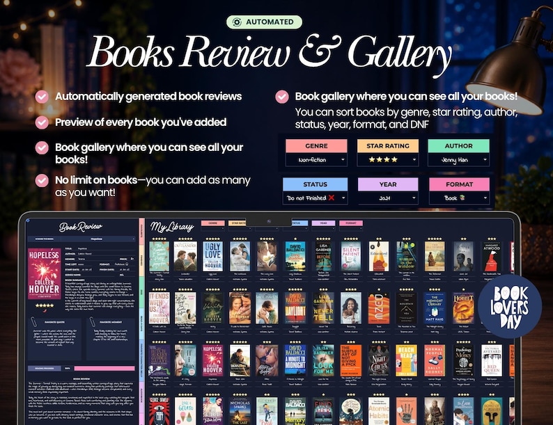 Peut inclure: Une interface num&eacute;rique de gestion de biblioth&egrave;que et de critiques litt&eacute;raires affich&eacute;e sur un &eacute;cran. La mise en page pr&eacute;sente une section d&eacute;taill&eacute;e de critiques de livres &agrave; gauche et une galerie compl&egrave;te de couvertures &agrave; droite.