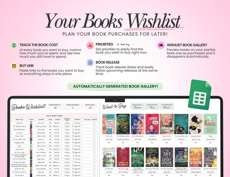 May include: A digital book wishlist spreadsheet template displayed on a screen. The interface includes sections for tracking book costs, priorities, buy links, and release dates, alongside an automatically generated gallery of book covers.