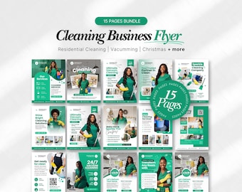 May include: A 15-page bundle of cleaning business flyers. The flyers display images of people cleaning, with text including "Cleaning Business Flyer", "Residential Cleaning", and "24/7 Vacuum Cleaning". The design uses a green and white colour scheme.