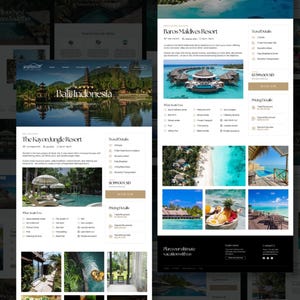 May include: A website layout featuring travel destinations. The main page showcases Bali, Indonesia, and The Kayon Jungle Resort. Another page highlights the Baros Maldives Resort. The design includes images of resorts and travel details.