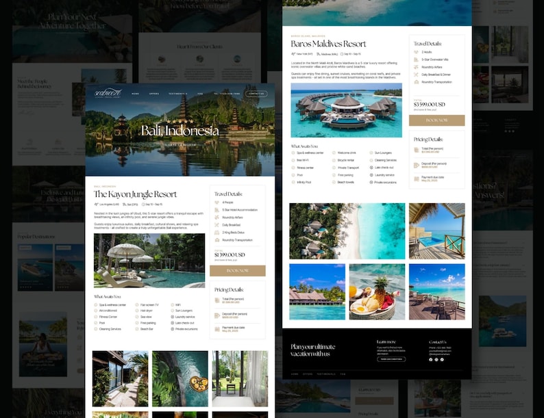 May include: A website layout featuring travel destinations. The main page showcases Bali, Indonesia, and The Kayon Jungle Resort. Another page highlights the Baros Maldives Resort. The design includes images of resorts and travel details.