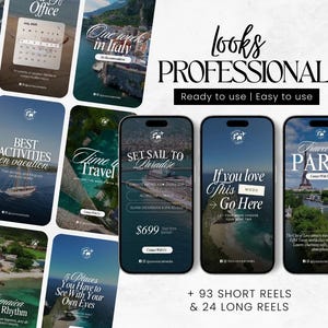 K&ouml;nnte beinhalten: Eine Sammlung von Social-Media-Vorlagen zum Thema Reisen auf Smartphones. Die Vorlagen zeigen Reiseziele wie Paris, Italien und Jamaika mit Text&uuml;berlagerungen wie "Beste Aktivit&auml;ten im Urlaub" und "Set Sail to Paradise".