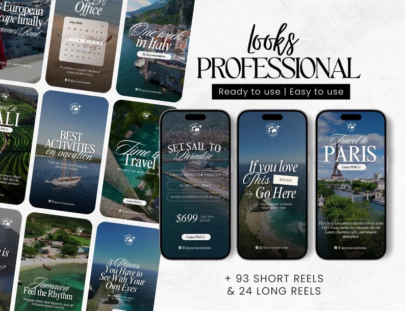 K&ouml;nnte beinhalten: Eine Sammlung von Social-Media-Vorlagen zum Thema Reisen auf Smartphones. Die Vorlagen zeigen Reiseziele wie Paris, Italien und Jamaika mit Text&uuml;berlagerungen wie "Beste Aktivit&auml;ten im Urlaub" und "Set Sail to Paradise".