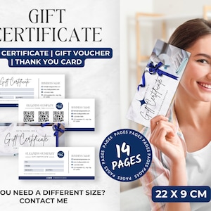 May include: A gift certificate design with the text "GIFT CERTIFICATE" and "GIFT VOUCHER | THANK YOU CARD". The design includes a woman holding a gift certificate. The certificate is 22 x 9 cm.