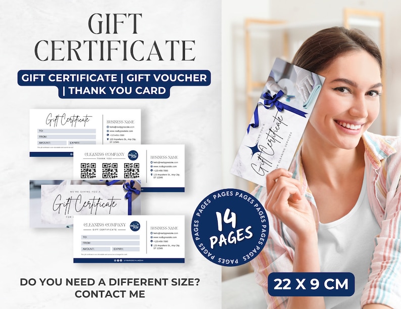 May include: A gift certificate design with the text "GIFT CERTIFICATE" and "GIFT VOUCHER | THANK YOU CARD". The design includes a woman holding a gift certificate. The certificate is 22 x 9 cm.