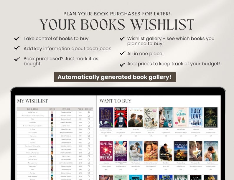 May include: A computer screen displaying a book wishlist organizer. The screen shows a list of book titles, authors, and prices. There is a section for "My Wishlist" and a section for "Want to Buy". The screen also shows a grid of book covers.