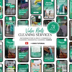 May include: A collection of smartphone screens displaying cleaning service tips and promotional content. The screens feature text like "Cleaning Services," "Video Reels," and "Instagram Story & Reels." The color scheme is primarily green and white, with images of cleaning tasks.