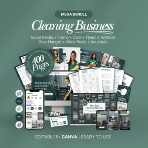Puede incluir: Un paquete de materiales de marketing digital para un negocio de limpieza, que incluye plantillas de redes sociales, formularios, folletos y elementos de sitios web. El diseño presenta una combinación de colores verde azulado y blanco, con el texto "Cleaning Business" y "400 Pages".