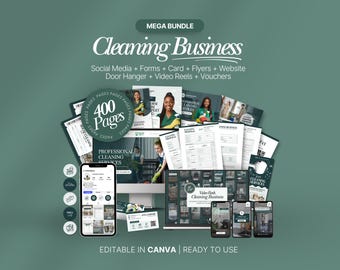 Cleaning Service Bundle, Agreement, Intake Form, Cleaning Company Business Cards, Website Template, Commercial, Door Hanger, Social Media