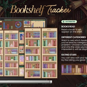 May include: A digital bookshelf tracker interface with the title "Bookshelf Tracker" in gold script. The interface displays virtual bookshelves filled with books, charts, and graphs. Features include automated book tracking, category sorting, and rating stars.