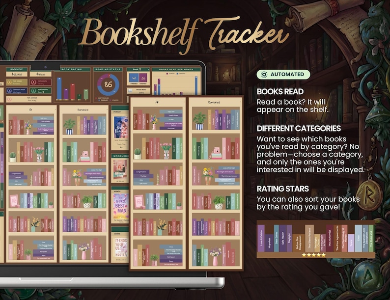 May include: A digital bookshelf tracker interface with the title "Bookshelf Tracker" in gold script. The interface displays virtual bookshelves filled with books, charts, and graphs. Features include automated book tracking, category sorting, and rating stars.