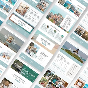 May include: A collection of website mockups with a travel theme. The designs feature a light blue and white color scheme with images of destinations, text that reads "Destinations", "Your next Adventure today", and "Frequently Asked Questions".