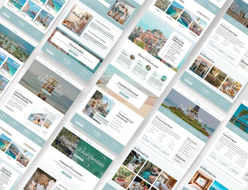 May include: A collection of website mockups with a travel theme. The designs feature a light blue and white color scheme with images of destinations, text that reads "Destinations", "Your next Adventure today", and "Frequently Asked Questions".