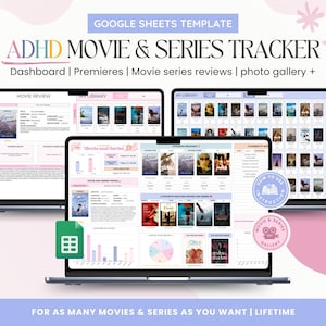 ADHD-serie, tracker voor films en video's met galerij, serieplanner met spreadsheetsjabloon voor recensies, geweldig cadeau voor filmliefhebbers