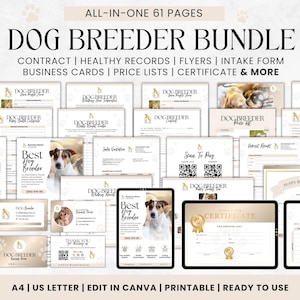 May include: A digital product bundle for dog breeders, featuring 61 printable pages in A4 and US Letter sizes. The bundle includes a contract, healthy records, flyers, intake form, business cards, price lists, certificates, and more. The image shows a variety of templates with dog-related themes.