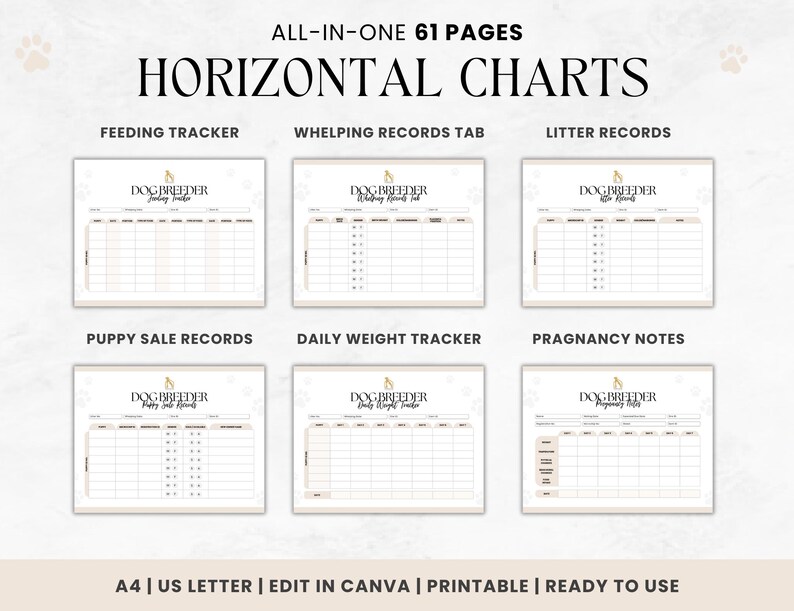 May include: A set of printable dog breeder charts in a horizontal format. The charts include sections for feeding tracker, whelping records, litter records, puppy sale records, daily weight tracker, and pregnancy notes. The charts are designed for use with a dog breeder.