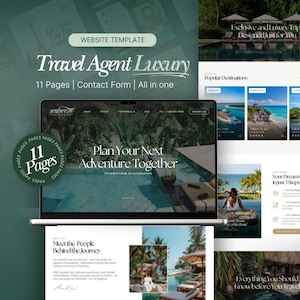 Puede incluir: Una plantilla de sitio web para un agente de viajes, con un ordenador portátil que muestra un diseño de sitio web con imágenes tropicales. El diseño incluye el texto "Travel Agent Luxury", "11 Pages" y "Contact Form".