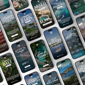 K&ouml;nnte beinhalten: Eine Ansammlung von Smartphones mit Inhalten zum Thema Reisen. Jedes Telefon zeigt Reiseziele wie Tokio, Paris und Bali mit Landschaftsfotos und Text&uuml;berlagerungen. Die Bildschirme pr&auml;sentieren Reiseangebote und Urlaubsideen, die zum Entdecken einladen.