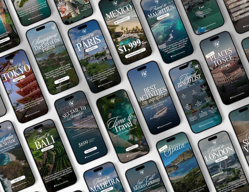 K&ouml;nnte beinhalten: Eine Ansammlung von Smartphones mit Inhalten zum Thema Reisen. Jedes Telefon zeigt Reiseziele wie Tokio, Paris und Bali mit Landschaftsfotos und Text&uuml;berlagerungen. Die Bildschirme pr&auml;sentieren Reiseangebote und Urlaubsideen, die zum Entdecken einladen.