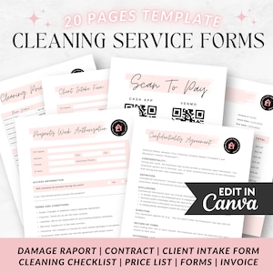 May include: A set of 20 printable cleaning service forms in a pink and white colour scheme. The forms include a cleaning price list, client intake form, property work authorisation, confidentiality agreement, and invoice. The text "Edit in Canva" is visible in the bottom right corner of the image.