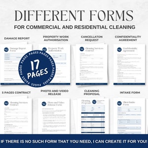 May include: Image of various forms for commercial and residential cleaning. Includes a damage report, property work authorization, cancellation request, and confidentiality agreement. The image also shows a 5-page contract, photo and video release, cleaning proposal, and intake form. The text says "17 pages" and "2 sizes: US Letter | A4".