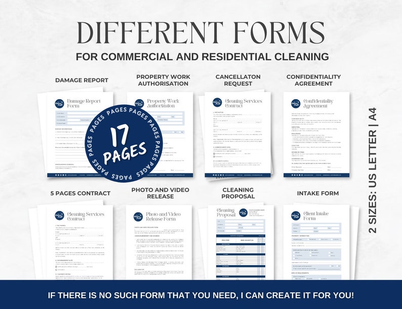 May include: Image of various forms for commercial and residential cleaning. Includes a damage report, property work authorization, cancellation request, and confidentiality agreement. The image also shows a 5-page contract, photo and video release, cleaning proposal, and intake form. The text says "17 pages" and "2 sizes: US Letter | A4".