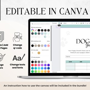 May include: Editable Canva template for a dog breed growth chart. The template features a light blue and white colour scheme with paw prints and the text "DOG BREED GROWTH CHART". The template includes sections for name, microchip ID, date, age, and weight.