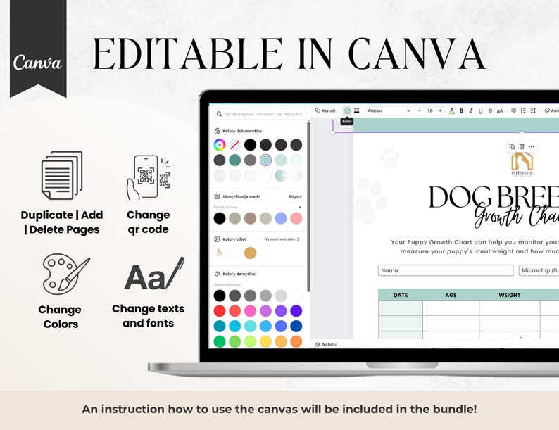 May include: Editable Canva template for a dog breed growth chart. The template features a light blue and white colour scheme with paw prints and the text "DOG BREED GROWTH CHART". The template includes sections for name, microchip ID, date, age, and weight.