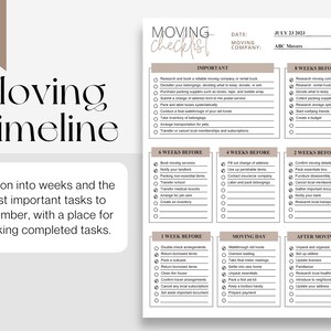 May include: A printable moving checklist divided into weeks before, moving day, and after moving. The checklist includes important tasks to remember, such as booking moving services, packing essential items, and updating your address.  The checklist is dated July 23, 2023, and the moving company is ABC Movers.