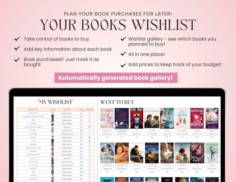 K&ouml;nnte beinhalten: Ein Computerbildschirm zeigt eine Buchwunschliste mit rosa Hintergrund. Der Bildschirm zeigt eine Liste von B&uuml;chern mit Titeln, Autoren und Preisen. Die Texte "Meine Wunschliste" und "M&ouml;chten Sie kaufen" sind oben auf dem Bildschirm sichtbar.