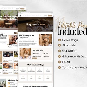 Puede incluir: Una plantilla de dise&ntilde;o web con cachorros de perro salchicha. El dise&ntilde;o incluye m&uacute;ltiples p&aacute;ginas con contenido sobre los cachorros, incluyendo una p&aacute;gina de inicio, sobre m&iacute;, detalles del perro, preguntas frecuentes y t&eacute;rminos. El texto incluye "Tu cachorro perfecto criado con cuidado."